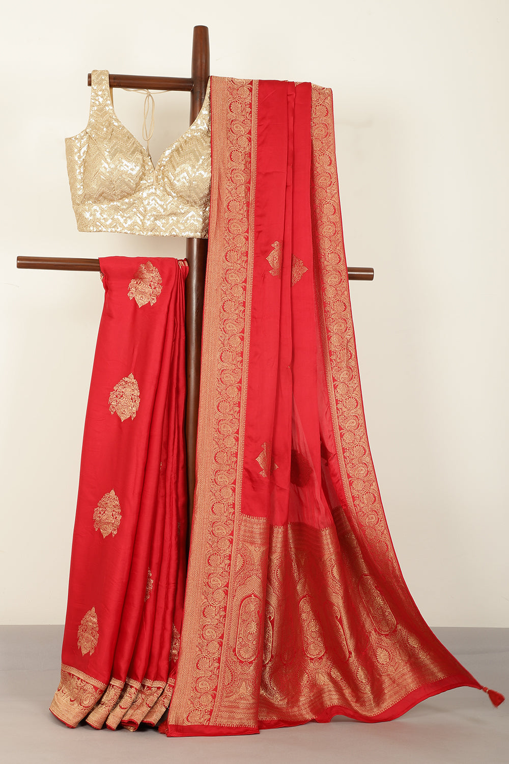 Red Satin Woven Saree