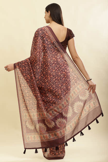 Wine Floral Printed Cotton Silk Saree