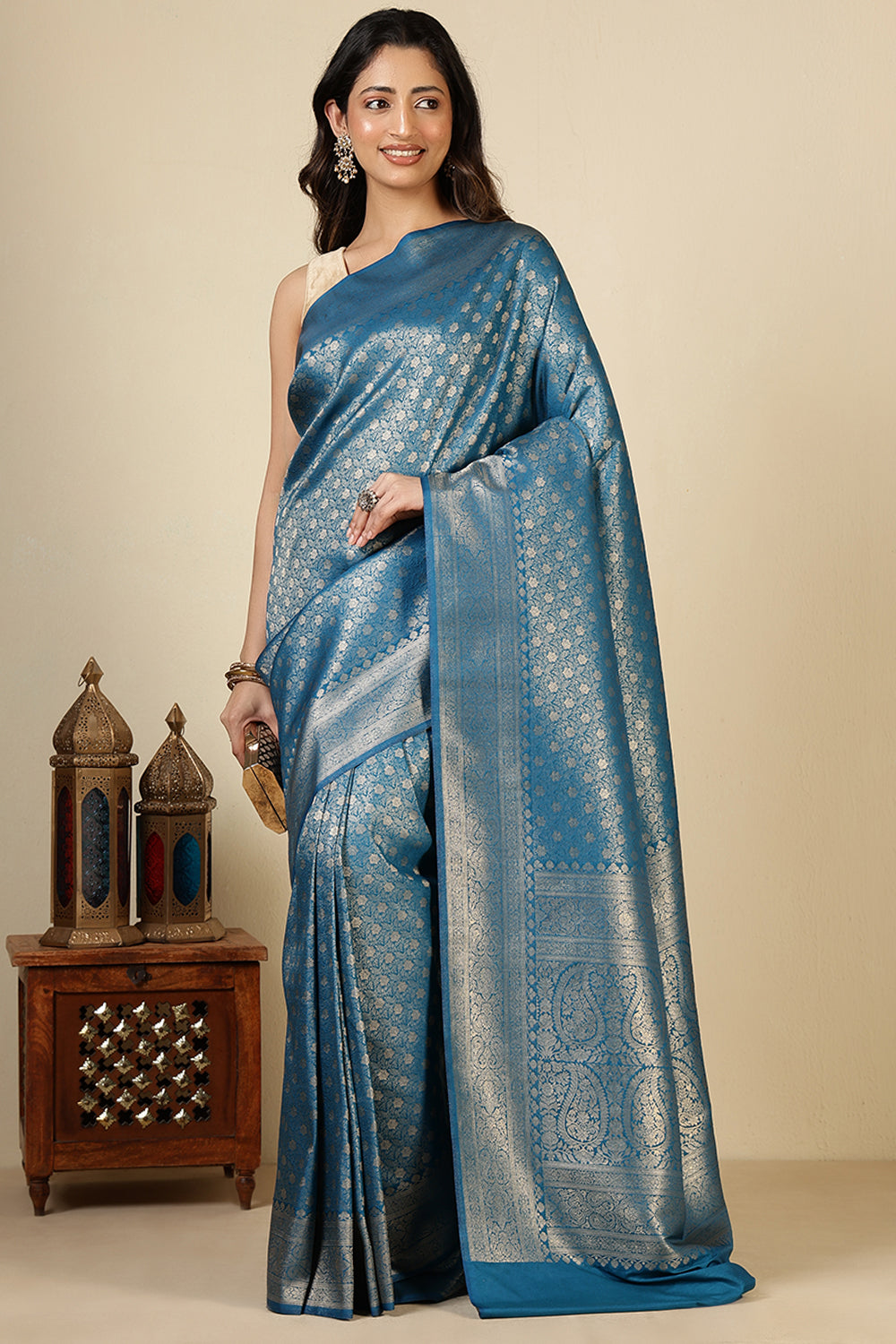 Pecific Blue Floral Zaal Woven Soft Silk Saree