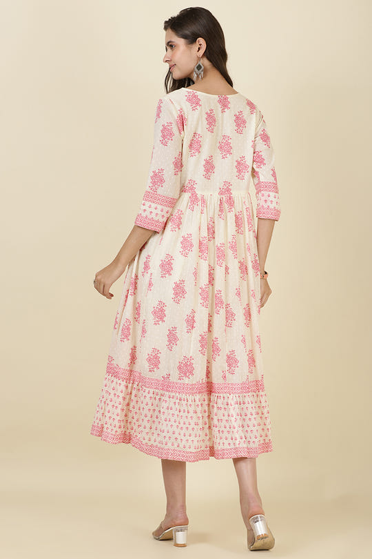 Cream & Pink Cotton Printed (Peonies) Anarkali Kurti