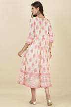 Cream & Pink Cotton Printed (Peonies) Anarkali Kurti