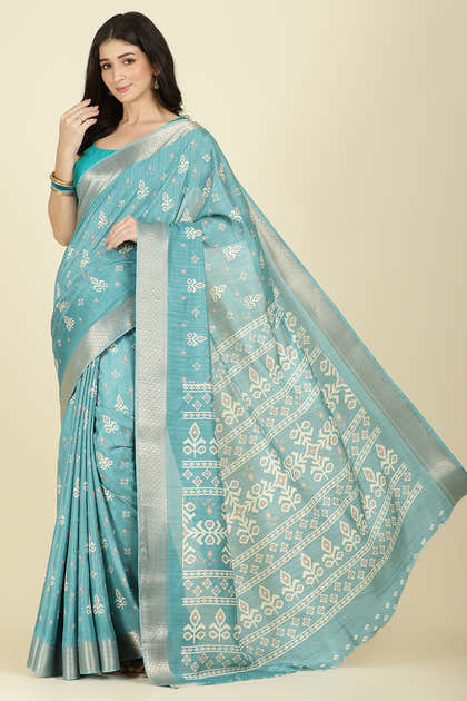 Turqouise Cotton Silk Printed And Zari Woven Saree