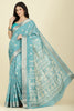 Turqouise Cotton Silk Printed And Zari Woven Saree