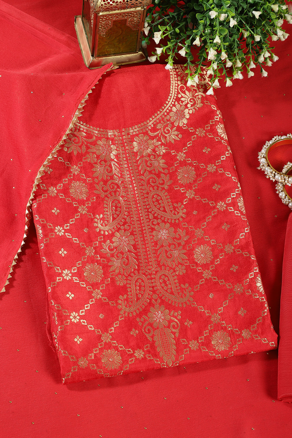 Res Silk Banarsi Zari Woven Unstitched Suit Fabric