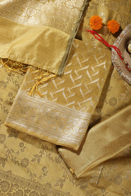 Mustard Colour Zari Woven Silk Unstitched Suit Material