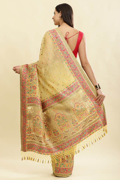Light Mustard Chanderi Cotton kashida Weaves Saree