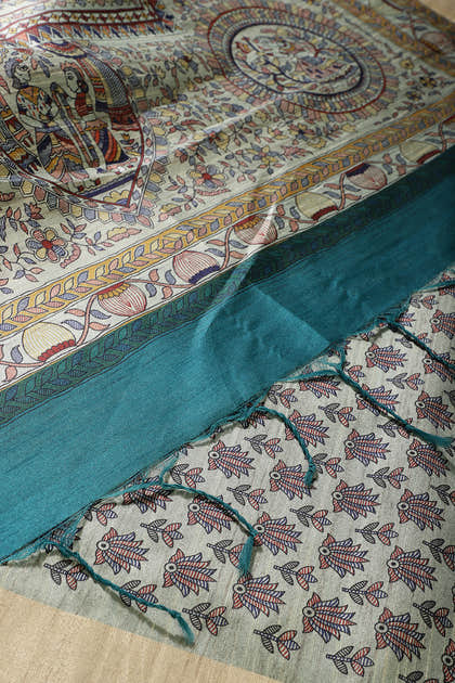 Teal Green Cotton Silk Madhubani Print Saree