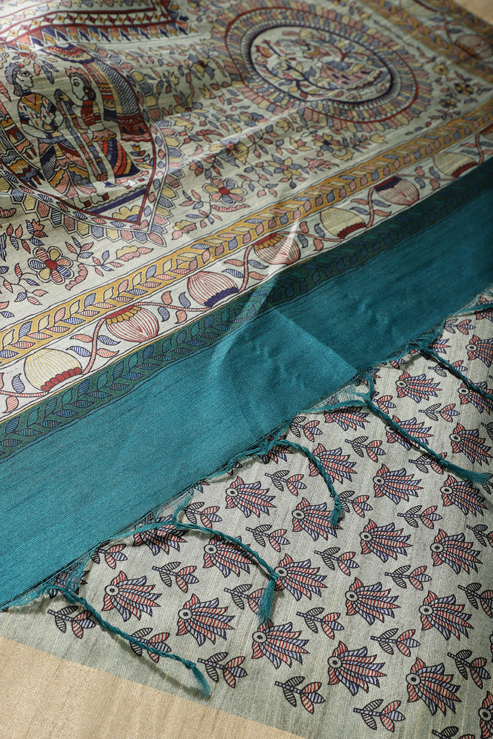 Teal Green Cotton Silk Madhubani Print Saree