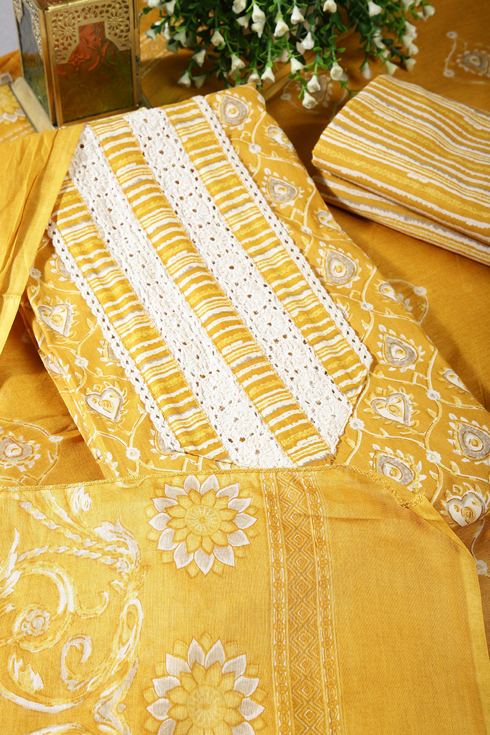 Mustard Color Maslin Cotton Printed Unstitched Suit