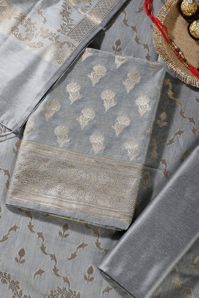 Grey Silk Zari Woven Unstitched Suit Material