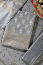Grey Silk Zari Woven Unstitched Suit Material