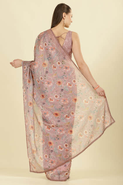 Light Brown Organza Floral Printed And Lace Work Saree