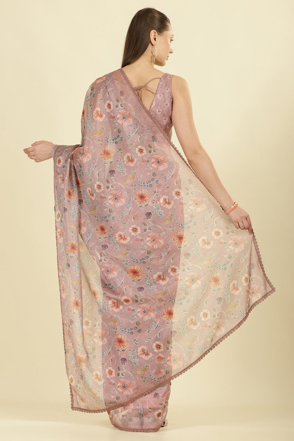 Light Brown Organza Floral Printed And Lace Work Saree