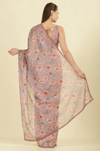 Light Brown Organza Floral Printed And Lace Work Saree