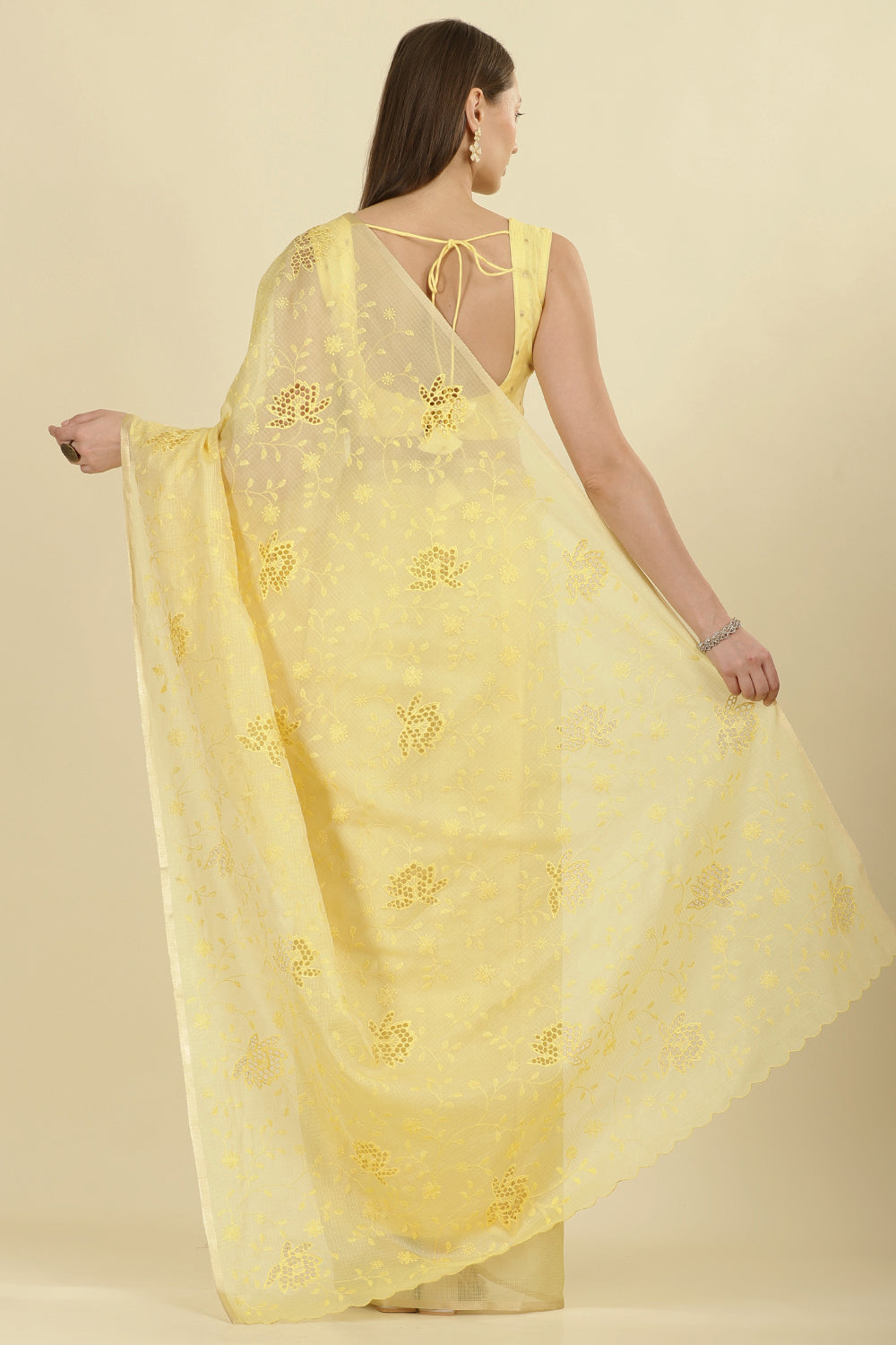 Pale Yellow Floral Resham Embroidered Cotton Saree