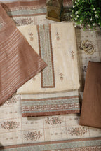Beige & Brown Chanderi Cotton Floral Printed And Neck Embroidered Unstitched Suit Material Unstitched Suit Fabric