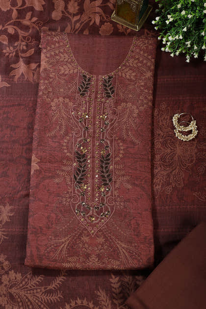 Brown Spun Floral Printed Unstitched Suit Fabric