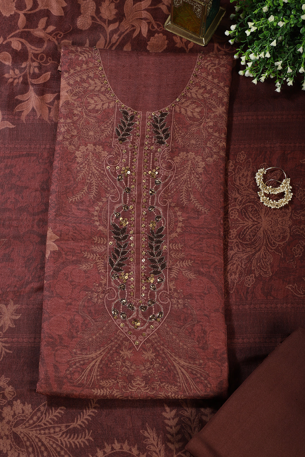 Brown Spun Floral Printed Unstitched Suit Fabric