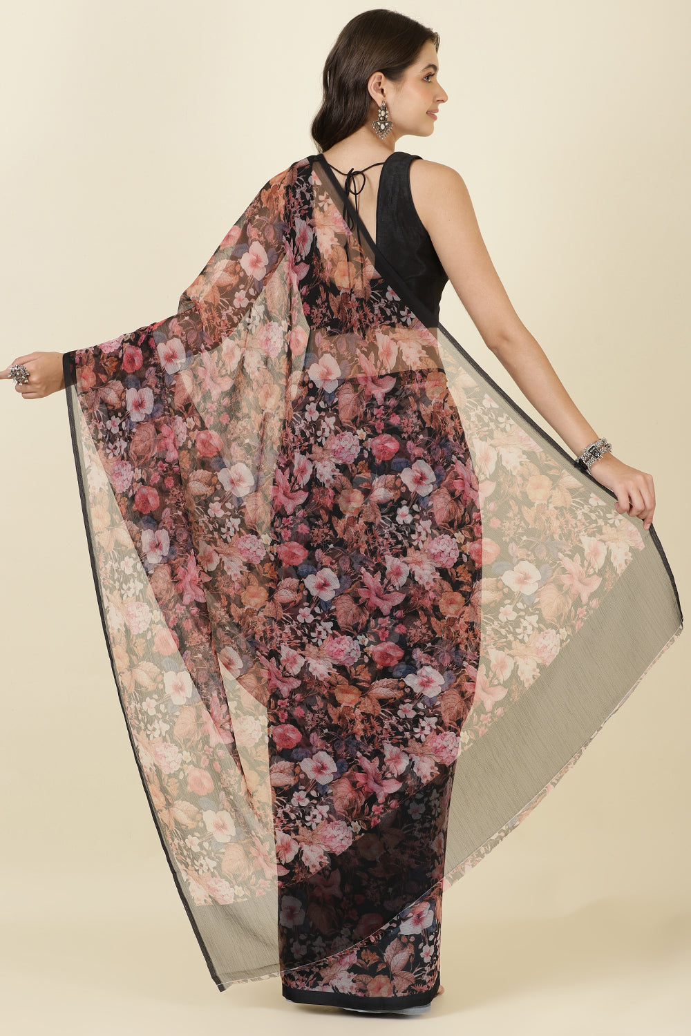 Black Floral Printed Chiffon Saree