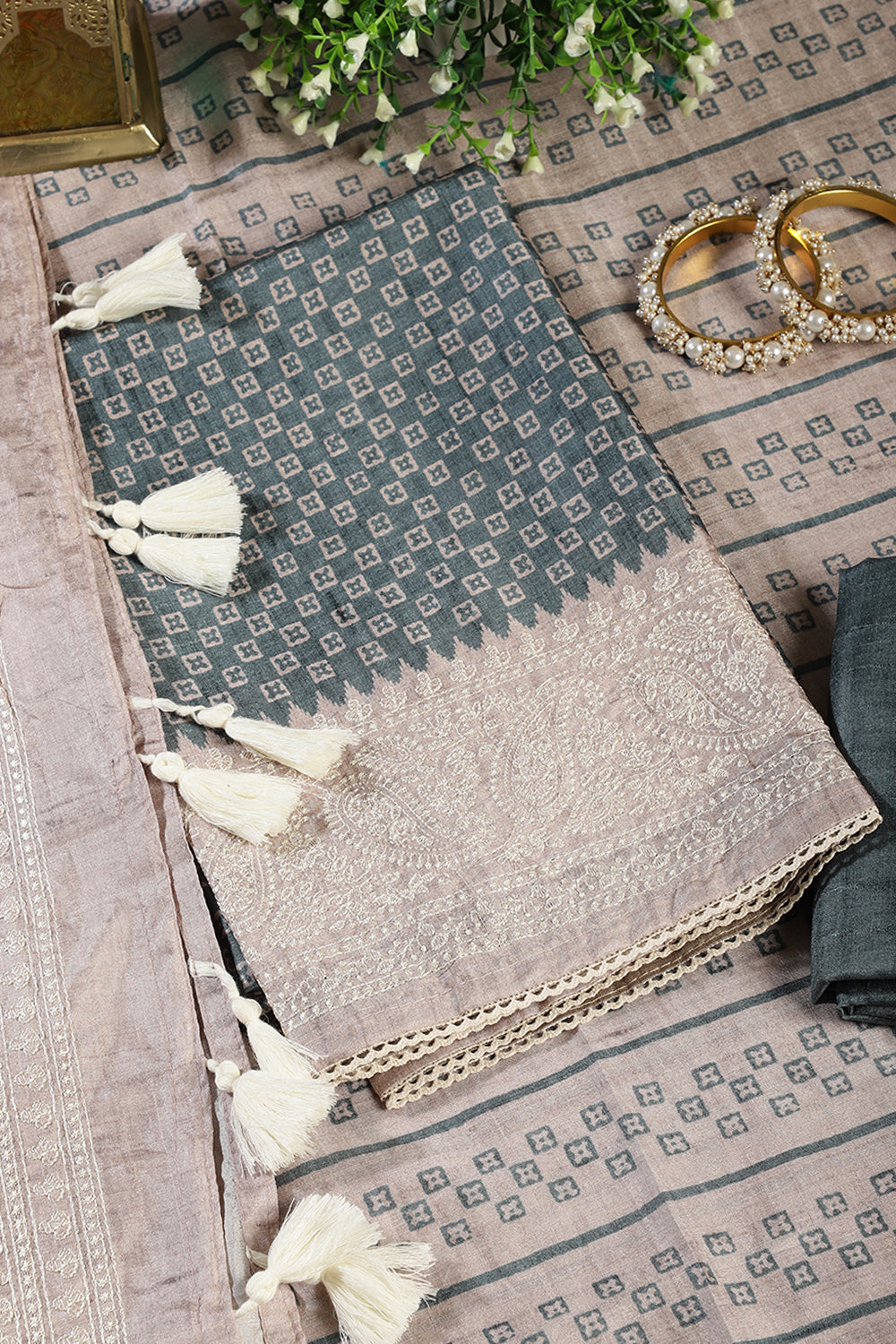 Mint Green Tussar Cotton Printed And Reham Embroidered Unstiched Suit Material