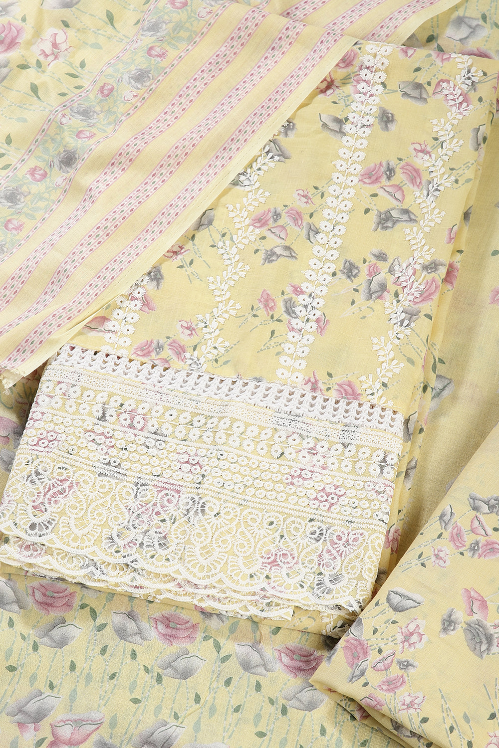 Pale Yellow Color Cotton Resham Embroidered And Lace Work Unstitched Suit Fabric