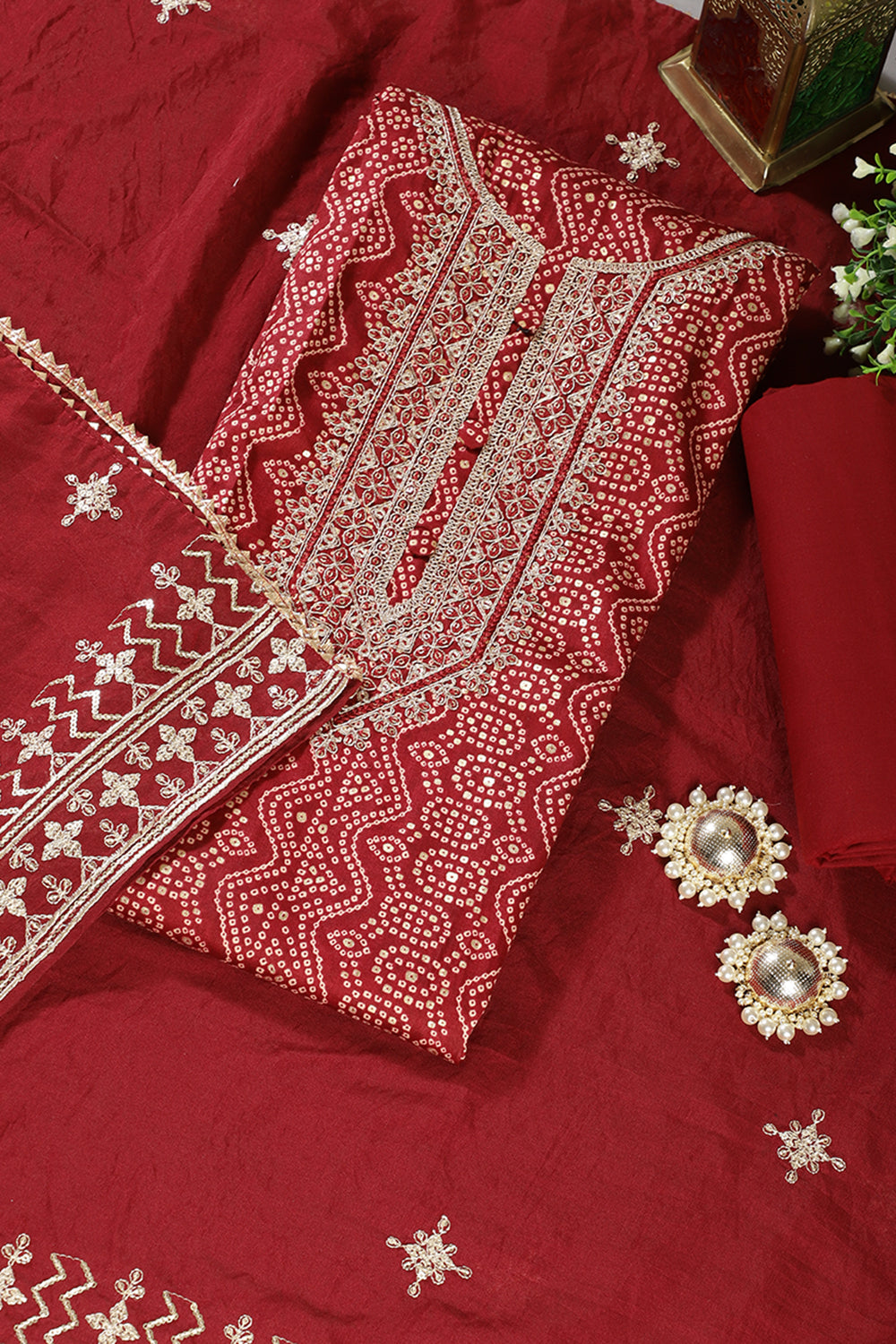 Maroon Cotton Bandhani Printed & Neck Embroidered Unstitched Suit