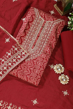 Maroon Cotton Bandhani Printed & Neck Embroidered Unstitched Suit