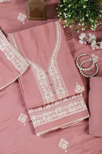 Dusty Pink Muslin Resham Embroidered Unstitched Suit Material