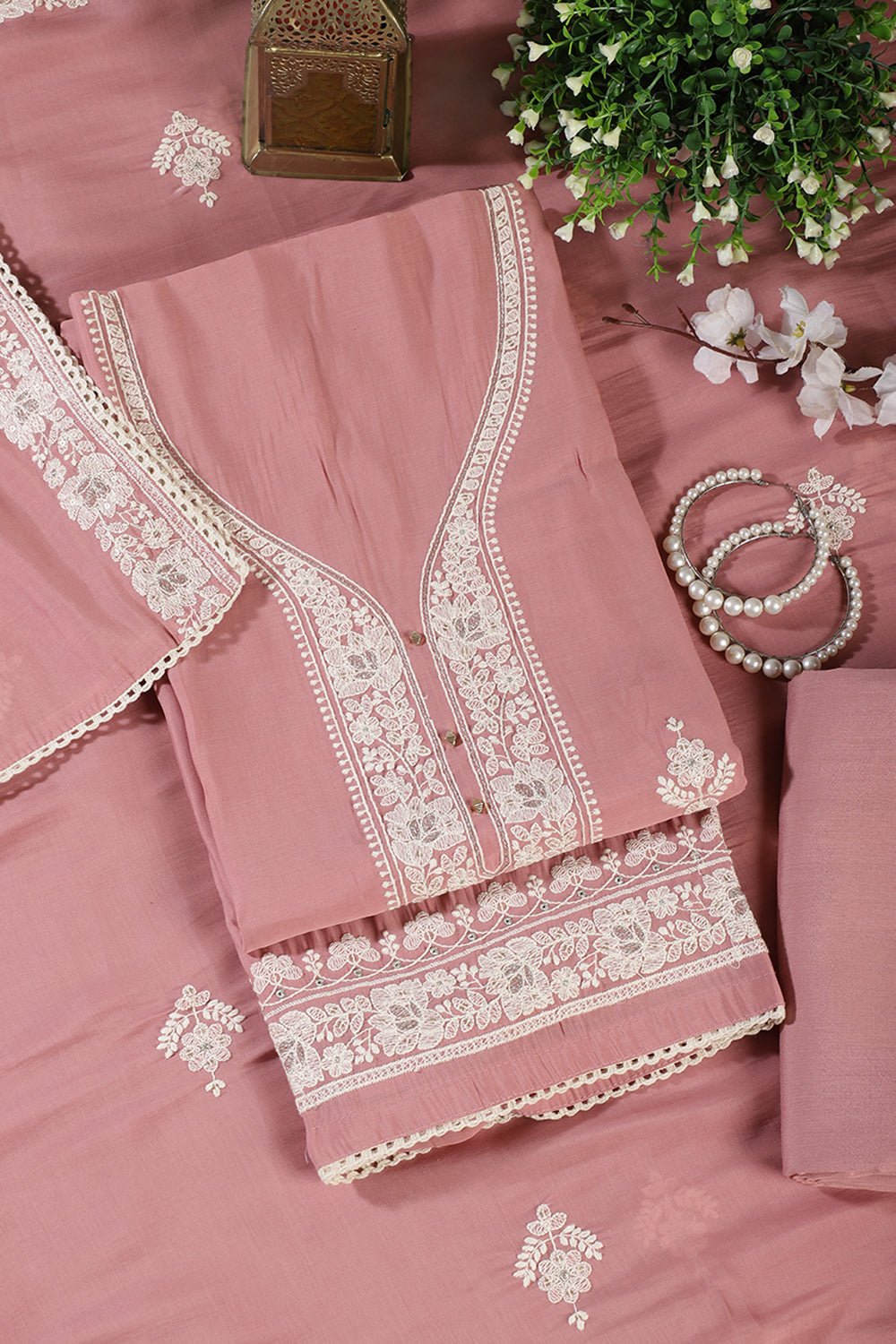 Dusty Pink Muslin Resham Embroidered Unstitched Suit Material