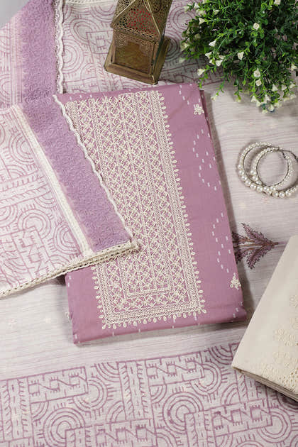 Mauve Colour Cotton Printed & Resham Neck Embroidered Unstitched Suit