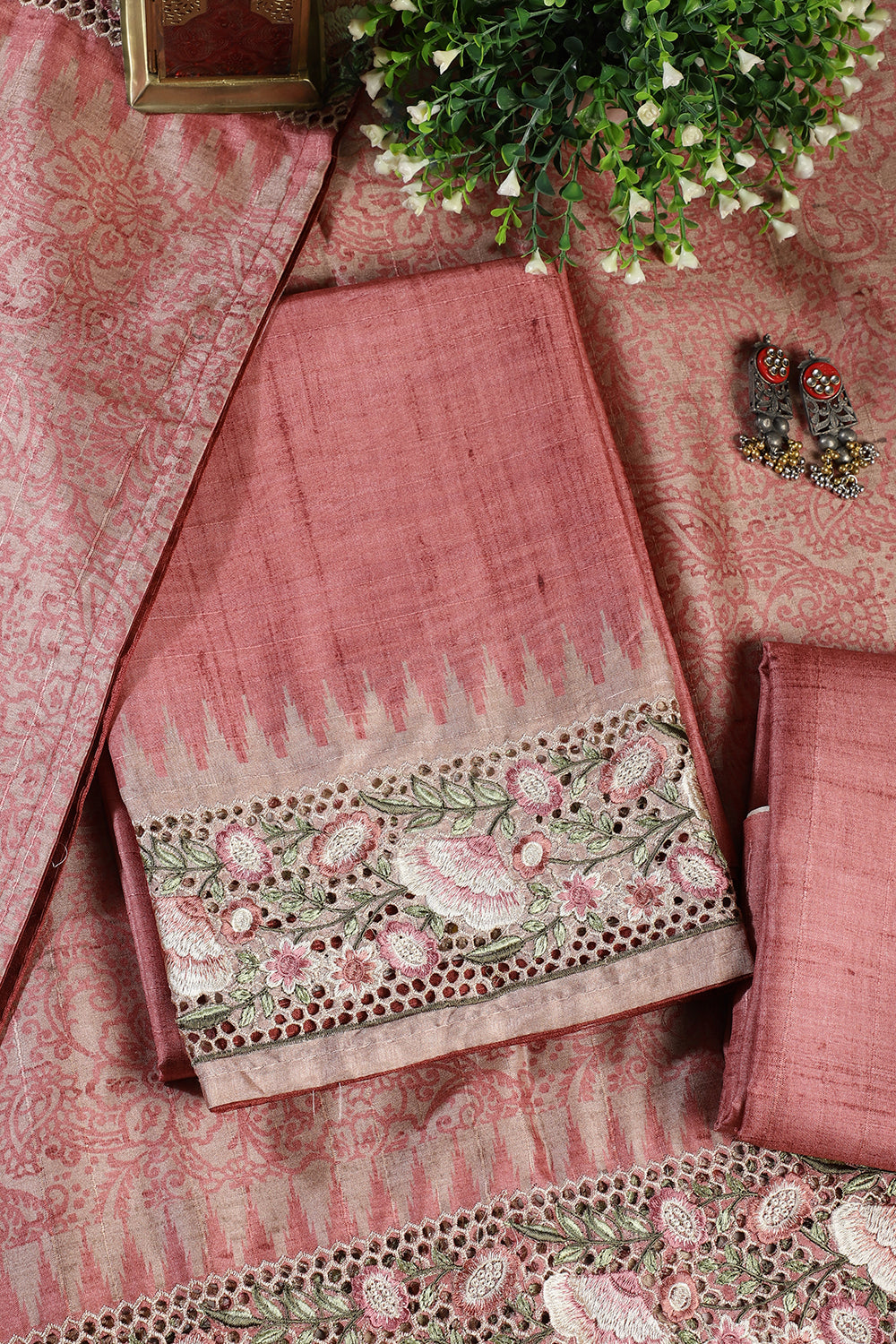 Dusty Rose Tussar Cotton Floral Lace Work Unstiched Suit Material