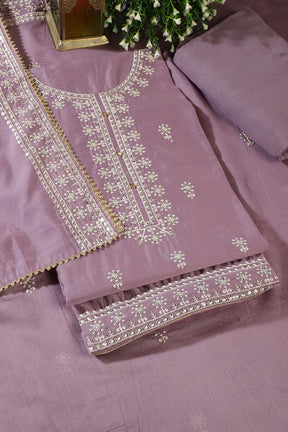 Lavender Chanderi Silk Resham Embroidered Unstitched Suit Material