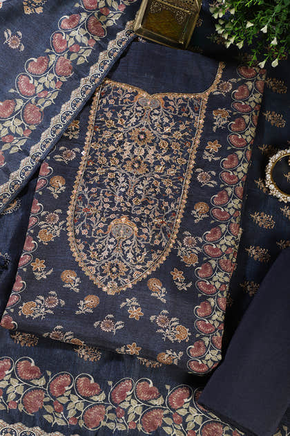 Navy Muslin Printed Unstitched Suit Fabric