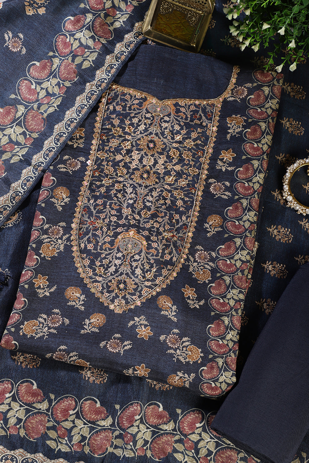 Navy Muslin Printed Unstitched Suit Fabric