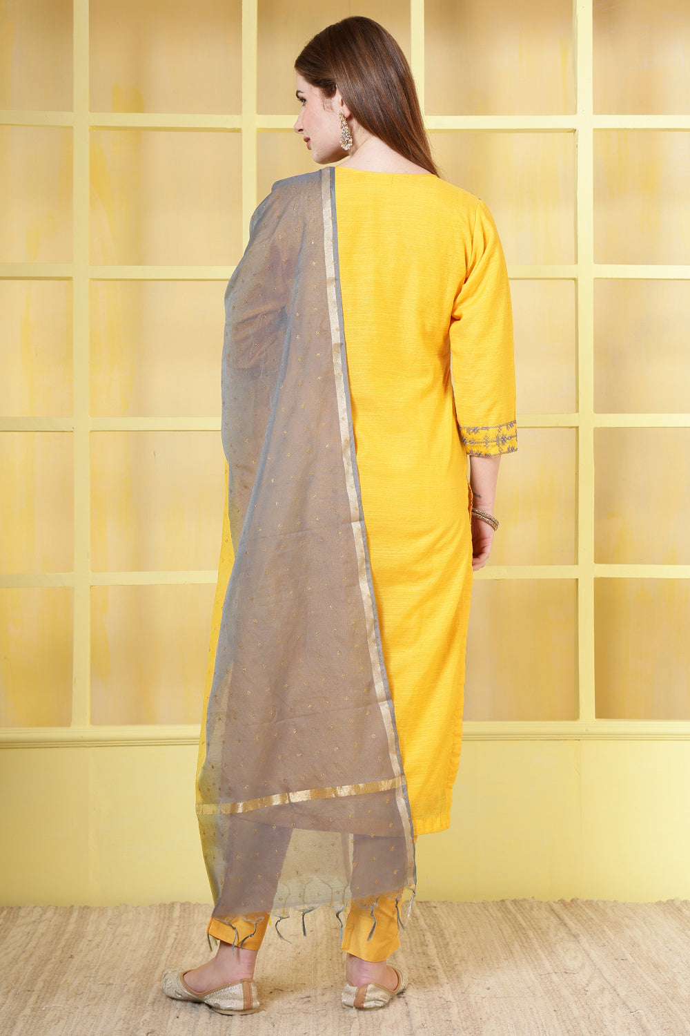 Mustard Chanderi Cotton Resham Embroidered Suit
