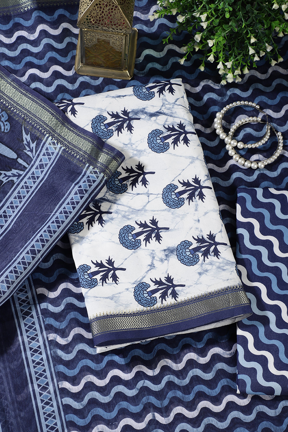 White And Blue Cotton Floral Block Print & Zari Border Unstitched Suit Material