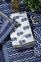 White And Blue Cotton Floral Block Print & Zari Border Unstitched Suit Material