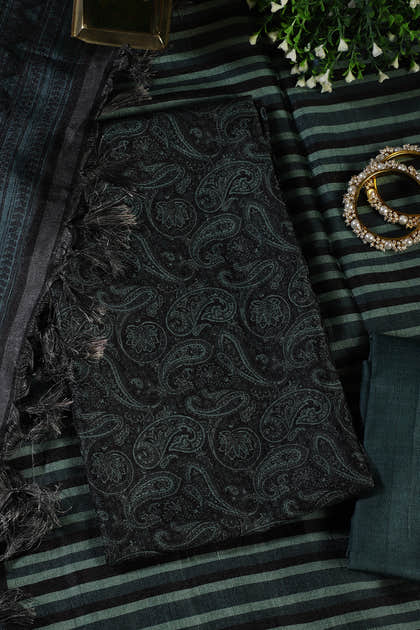 Green & Black Digital Printed Chanderi Cotton Unstiched Suit Material