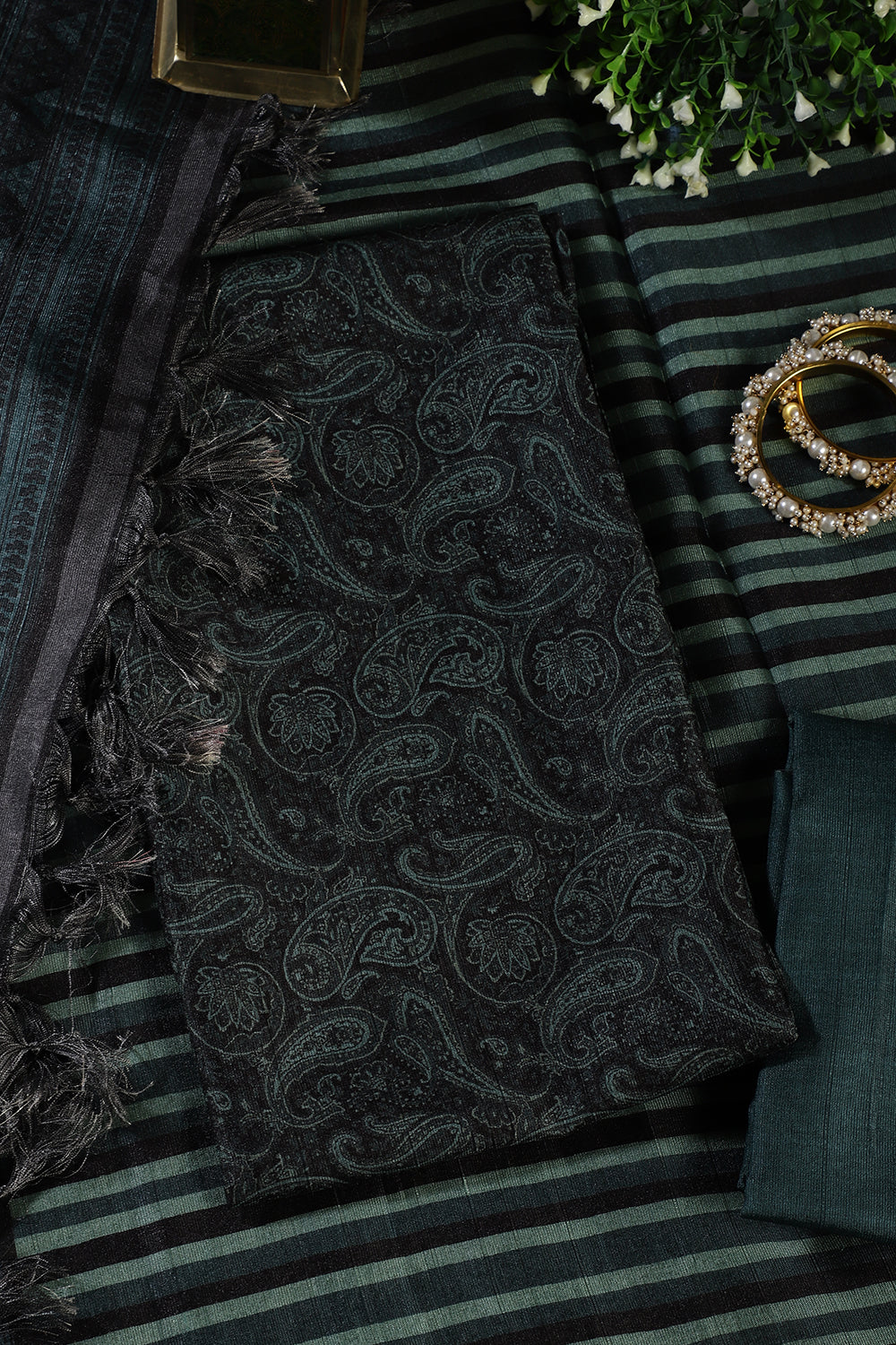 Green & Black Digital Printed Chanderi Cotton Unstiched Suit Material