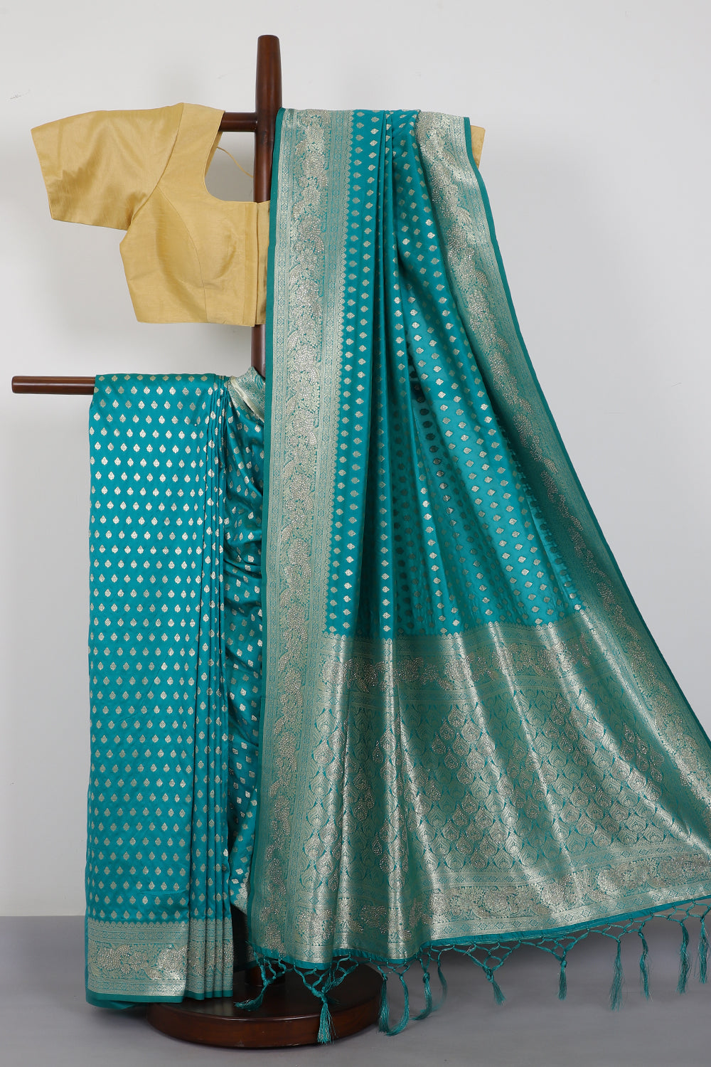 Teal Green Silk Zari Woven And Swaroski Work Saree
