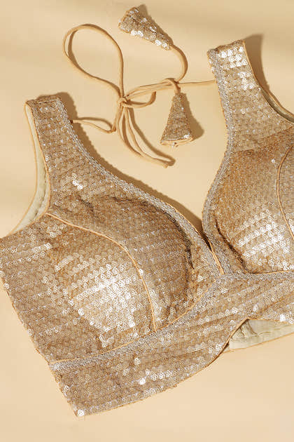 Gold Silk Sequins And Zari Embroidered Readymade Blouse