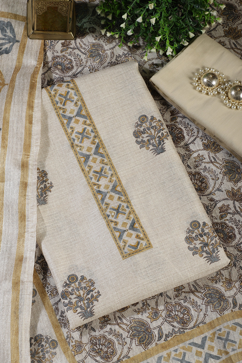 Cream Chanderi Cotton Printed Unstitched Suit Material