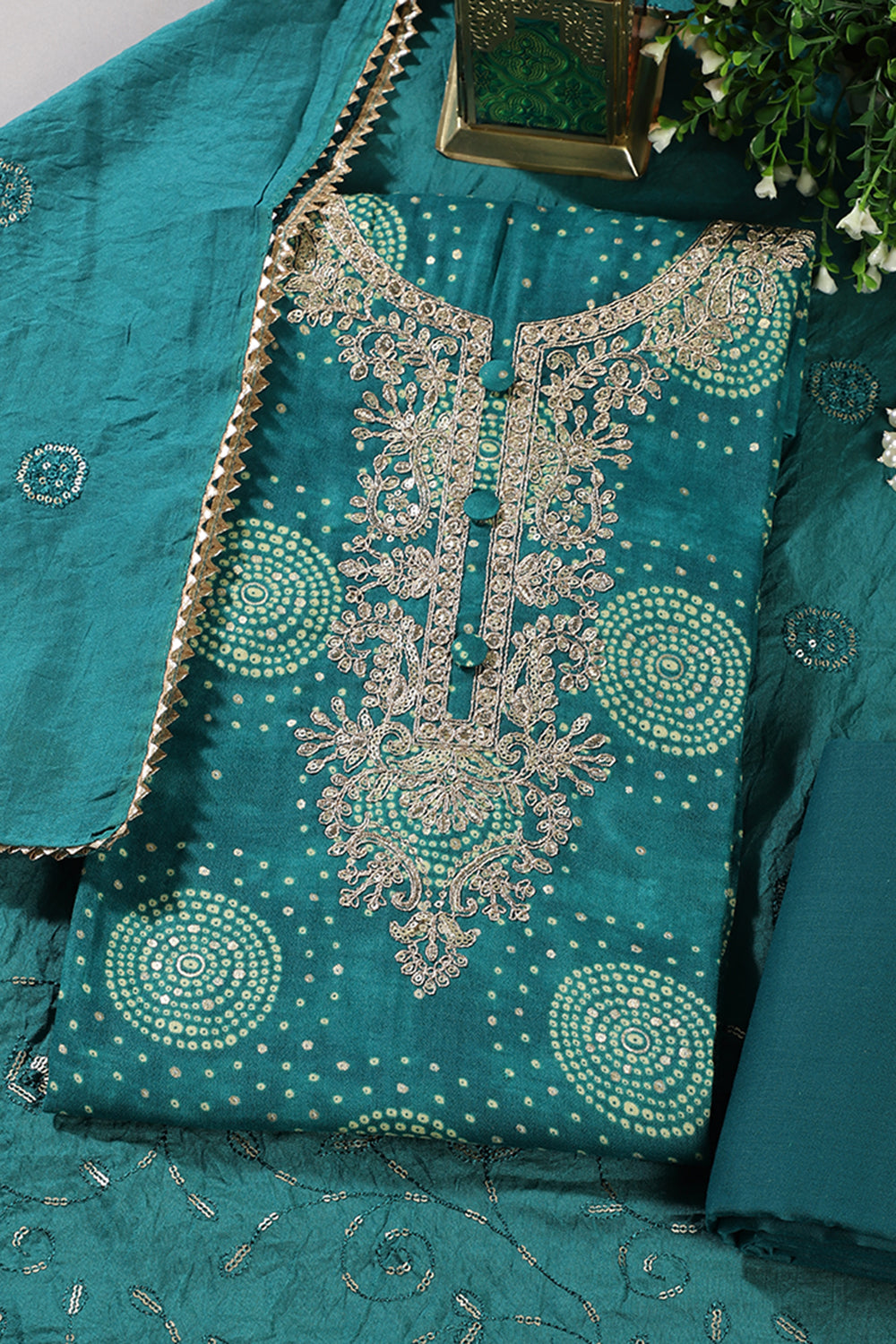Teal Cotton Bandhani Printed & Neck Embroidered Unstitched Suit