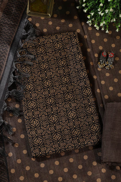 Mehandi & Black Chanderi Cotton Printed Unstiched Suit Material