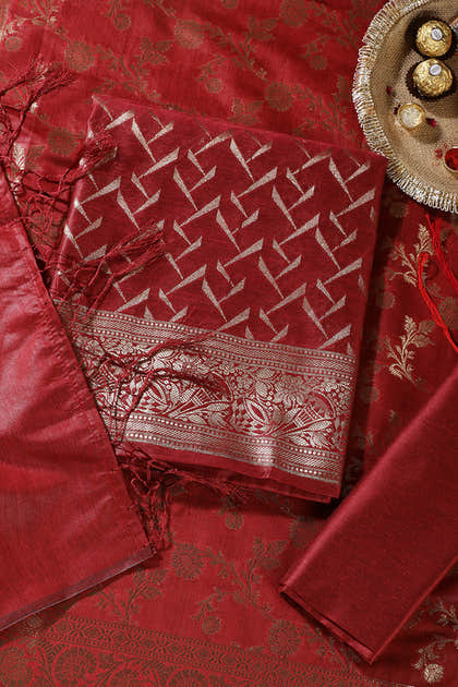 Maroon Colour Zari Woven Silk Unstitched Suit Material