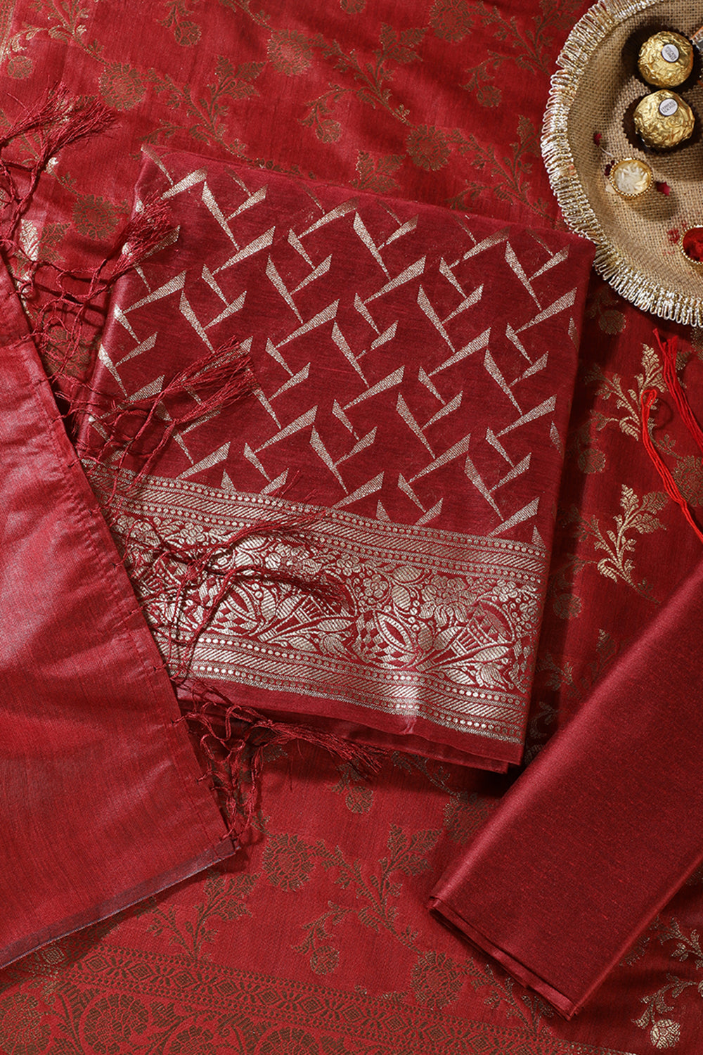 Maroon Colour Zari Woven Silk Unstitched Suit Material
