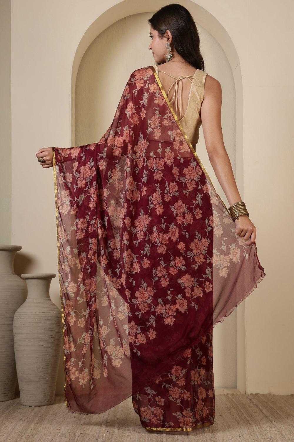 Dark Scarlet Chiffon Floral Zari Border & Floral Printed Saree