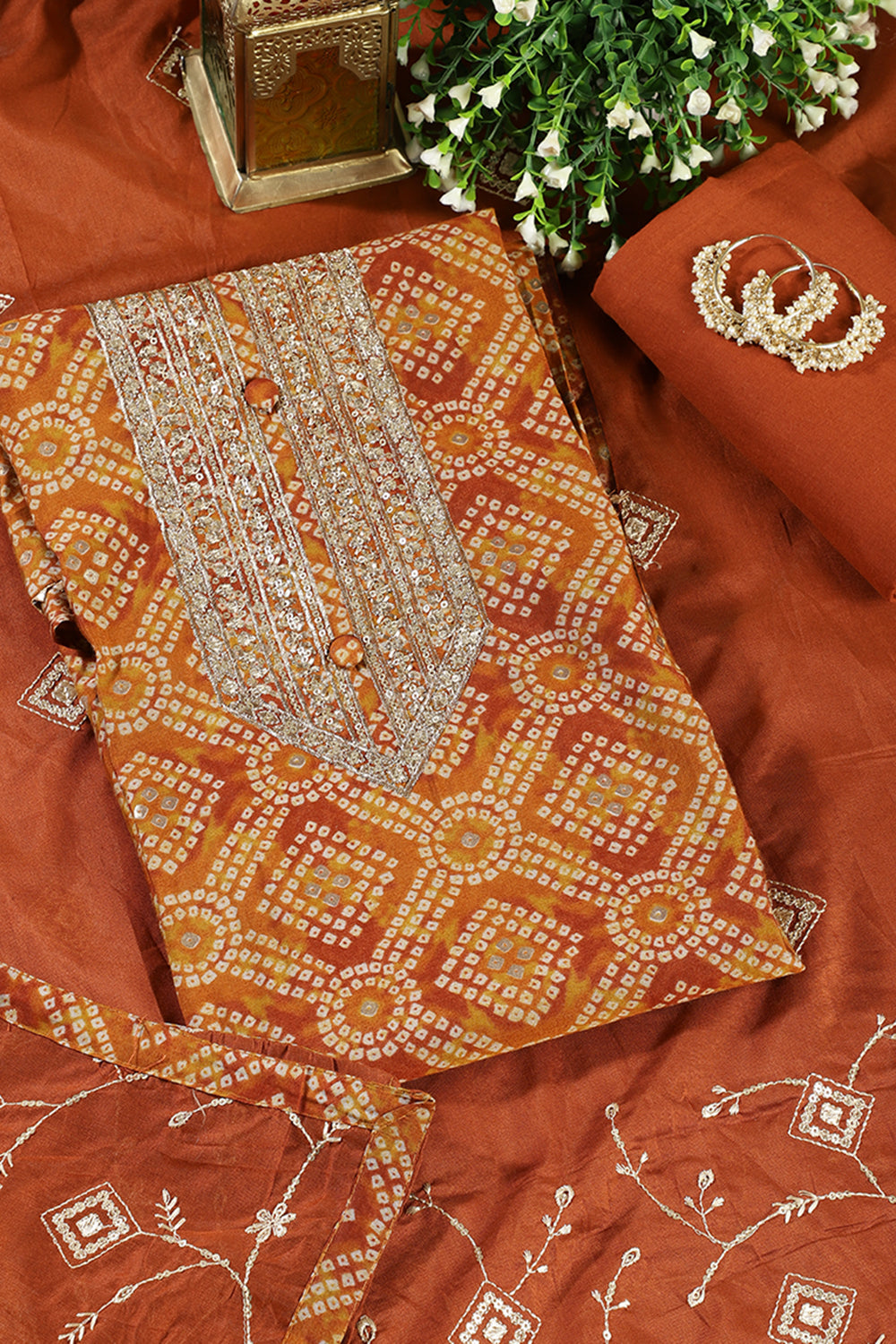 Rust Cotton Bandhani Printed & Neck Embroidered Unstitched Suit Fabric