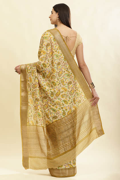 Olive Green & Beige Cotton Silk Floral Boota Printed Saree