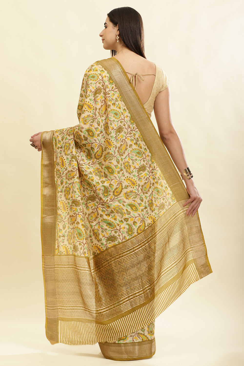 Olive Green & Beige Cotton Silk Floral Boota Printed Saree